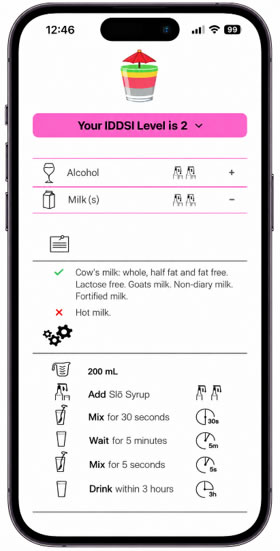 Drink Easy app showing prescribed IDDSI Level guidance on a phone screen